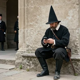historic photo of executioner taking a break to check his iphone