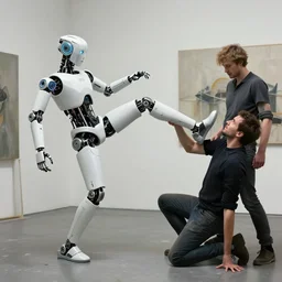 ai robot getting kicked and beat by humans artists, by simon stalenhag and rj palmer