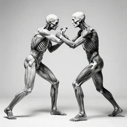 black and white photo of body worlds fighting, human anatomy