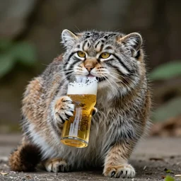 a pallas's cat with a round body, enjoying its beer, high-quality photo, color