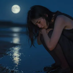 a upset woman looking down at a puddle, the moonlight reflects off the water, art by ignatius tan