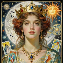 eva green portrait by louis - theophile hingre and alphonse mucha, realistic, sharp focus, zodiac signs, tarot cards, planets, ethereal, art nouveau, magic, moon, sun, crown, dreamy, royal, jewellery