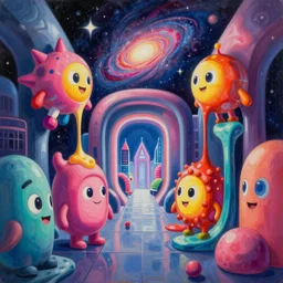 an extremely high quality hd surrealism painting of a 3d galactic neon complimentary-colored cartoon surrealism melting optically illusiony high-contrast zaha hadid futuristic hallway cityscape by kandsky and salvia dali the third, salvador dali's much much much much more talented painter cousin, clear shapes, 8k, realistic shading, ultra realistic, super realistic