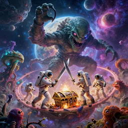 Astronauts have a treasure with them, they are fighting with the giant Cthulhu that is hunting them, they have large blades, they are over the ring of the gas planet, this is an extravagant planet with wacky wildlife and some mythical animals, the background is full of nebulas and planets, the ambient is vivid and colorful with a terrifying atmosphere, by Jordan Grimmer digital art, trending on Artstation,
