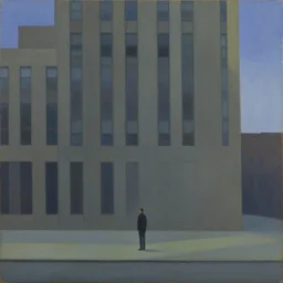 painting of a lone man in front of a tall building. by edward hopper and james gilleard