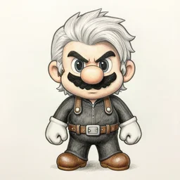 chibi the witcher mario, pencil art on paper, highly detailed, looking defiantly at the camera, front!!, front look!!, white hair, mario face!!, geralt body!!, nintendo style!!, caricature, funny, geralt outfit!!