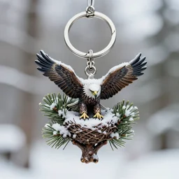 realistic keychain of 'an eagle in the nest of a snowy pine tree'