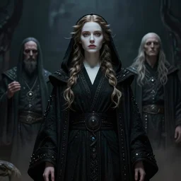 masterpiece portrait dune alia atreides girl, by artgerm, h. r. giger, edmund leighton, haunting background by zdizslaw beksinski, james jean, black ceremonial robe details, magick, volumetric lighting, porcelain skin, entranced, high detail, hyper photorealism, low angle, trending on artstation 8 k