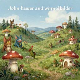 “wide shot, a fairytale landscape with troll creatures and mushroom houses, in the style of John Bauer and wimmelbilder”