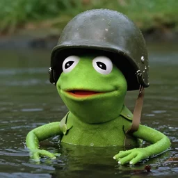 color still from apocalypse now film, close up of kermit the frog in river, wearing army helmet, by vittorio storaro, cinematic