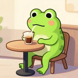 cartoon frog drinking coffee at a small table, trend in artstation, digital art