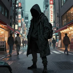 a stalker in the streets of tokyo, concept art, trending on artstation, wlop, ross draws, digital painting, mixed media, intricate details, volumetric lighting