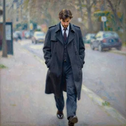 a drunk and depressed film noir detective in a trench-coat, walking along a street; a painting by Claude Monet