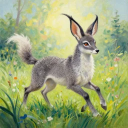 feral chia pet in the meadow. russian fairytale art, gouache, dynamic composition, backlighting