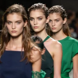 a portrait of runway models blurring together, realistic, navy blue and green