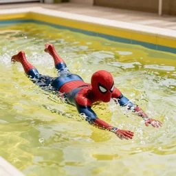 spider - man swimming in yellow pool, 4 k realistic photo