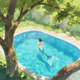 a view from a tree at the neighbour's swimming pool in which there is a beautiful mermaid trending on artstation