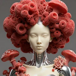 intricate hyper detailed ultra sharp focus front shot 3 d render of a beautiful porcelain ivory afro albino woman, up close shot, f 2. 8 1 5 0 mm, sharp focus, alexandre ferra, elegant bionic silver metallic cyberpunk haute couture red fractal intricate gigantic mushroom sponge corals, brackets, mushrooms, puffballs, rhizomorphs head ornaments, hexagonal mesh, octane render, volumetric cinematic lighting, 8 k,