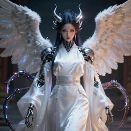 buddhist taoist wuxia art drawing painting of demon angel cyborg mutant cg anime girl beautiful face and mechanical tentacles and synaptic glows wearing white silk robe 3 d photorealistic cinematic shot with leica zeiss depth of field and lens flare in style of frank miller and ito junji squareenix trending on pixiv artstation
