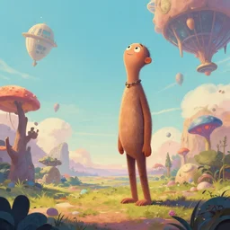 A beautiful artwork illustration, a tall humanoid creature radiating curiosity, caring, and joy, exploring and looking around in an alternate universe, wide angle, vertical orientation