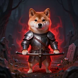 anthropomorphic shiba inu, medieval armor and medieval crossbow, dark glowing red aura, fantasy, dark graveyard scene, portrait art by donato giancola and greg rutkowski, realistic face, digital art, trending on artstation, symmetry