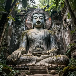 a dramatic picture of a giant buddha in an abandoned jungle temple ruin, photorealistic, volumetric lighting, highly detailed