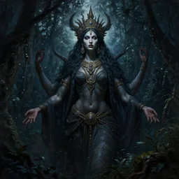 a dark cinematic masterpiece oil painting portrait of a colossal epic majestic gothic indian tribal tribal goddess of beauty and night, midnight in jungle, by tim hildebrandt, by wayne barlowe, by zdzisław beksinski, trending on art - station, featured on pixiv, cinematic composition, beautiful lighting, sharp, hyper - detailed, no frames, hd, 8 k