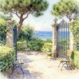 delicate, garden, paved, botanic watercolors, iridescent, 8 k, realistic shaded, fine details, artstation, italian, chairs, iron gate, pine maritime, mediterranean - n 9