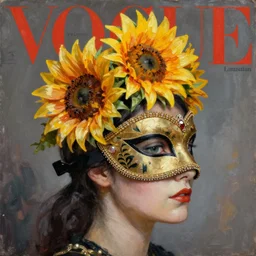 masquerade ball mask, vogue magazine, elle magazine, greg rutkowski, roy lichtenstein, john singer sargent, trending on artstation, anime, oil painting, side profile portrait, looking right, sunflower tiara crown, intricate