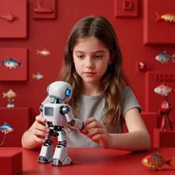 portrait of a young girl playing with a robot, nicoletta ceccoli, mark ryden, lostfish, max fleischer, depth of field, detailed and intricate red square environment, 8 k resolution, hyperrealistic, octane render