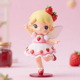 a wholesome femo figurine of a cute funny strawberry fairy with freckles wearing a frilly floral strawberry dress featured on silent hill by studio ghibly and disney made of strawberry jam jar, pastels, wide angle, dynamic dancing pose, 🎀 🍓 🧚