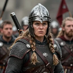 Photo of a majestic fierce viking woman wearing a viking helmet, metal armor made of chainmail, leader, fear, awe, highly detailed, viking attire, cinematic, 8k, 1080s, by Stanley Artgermm, Tom Bagshaw, Greg Rutkowski, Vincent di Fate, Carne Griffiths, Ayami Kojima, trending on DeviantArt, hyper detailed, full of color, digital art,