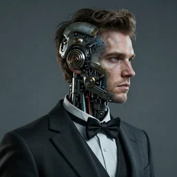 a rugged young engineer man with cybernetic enhancements wearing a suit and bowtie, half robot, scifi character portrait by greg rutkowski, esuthio, craig mullins, 1 / 2 headshot, detailed face, cinematic lighting, dystopian scifi gear, gloomy, profile picture, mechanical, implants, steampunk