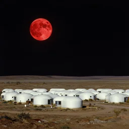 distant view of a small settlement on an unknown planet, white capsule houses standing close together, big scarlet moon in the sky, by norman rockwell, by syd mead