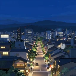 beautiful anime background of japanese modern town at night, aesthetic, beautiful, drawing, anime color palette, sky view