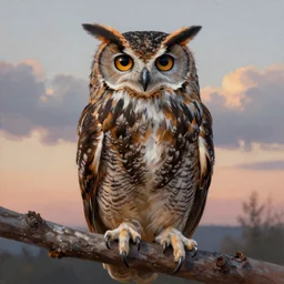 highly detailed owl on a branch, looking at the camera, cloudy sunset background, oil painting