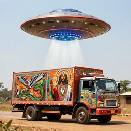 UFO hovering over an African Jesus , colourful, in the style of Nigerian truck art (Eagle & Snake, Kano),