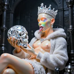 photo of baroque and bladerunner delicate neon diamond sculpture of ceramic albino king marlon teixeira seductive delicious lip licking, creamy orange iridescent humanoid deity wearing white fluffy hoody holding diamond skull in a black metallic dungeon, reclining, glowing rainbow face, crown of white diamonds, cinematic lighting, photorealistic, octane render 8 k depth of field 3 d
