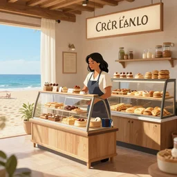 a peruvian woman living in a beach in spain working in a bakery shop, digital art, featured on artstation, octane render, by picasso,