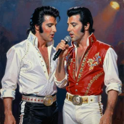 elvis presley and freddie mercury singing together, oil painting, trending on art station, 8 k