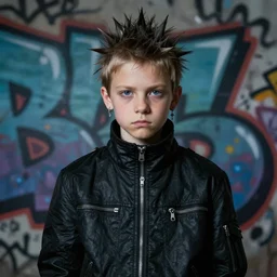 focused portrait painting of a punk rock kid wearing Rick Owens clothing, Graffiti on wall in background, mood lighting, in the style of HRGiger, realistic, HD, 8K