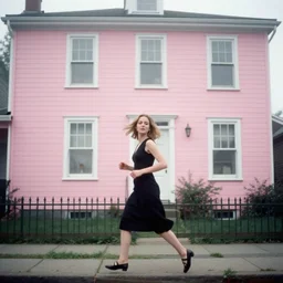 kodak film photography from 7 0 s, pro mist, portrait of young woman in black dress running against pink house with many windows, in style of joel meyerowitz