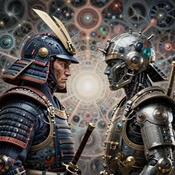 a portrait the war of gemini japanese samurai vs human technology character portrait made of fractals facing each other, ultra realistic, wide angle, intricate details, the fifth element artifacts, highly detailed by peter mohrbacher, hajime sorayama, wayne barlowe, boris vallejo, aaron horkey, gaston bussiere, craig mullins