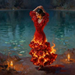 detailed oil painting of spanish flamenco dancer walking into a crystal clear lake wearing a red dress made of flowers that's engulfed in flames, dimly lit by candles on the ground, looking away, dark shadows, ethereal, slr, 4 k, high definition