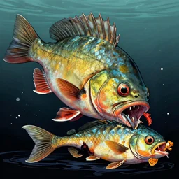 an ugly fish eating an ugly fish, illustration, ultra detailed, in the style of artgerm, trending on artstation