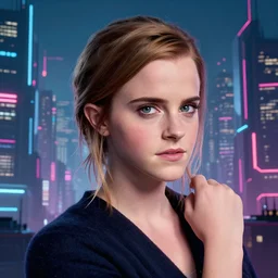 Portrait of Emma Watson, the background is a huge futuristic city, cyberpunk style futuristic neon lights, artstation cgsociety masterpiece highly-detailed