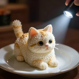 A sushi in the shape of cat, on a plate, phone photo, flashlight