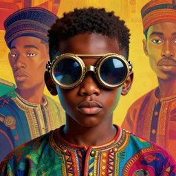 colourful vfx upper half - portrait - art of a nigerian boy wearing steam punk goggles, art by utagawa kunisada & james jean, concept art, digital illustration, digital render, volumetric light, ray tracing, symmetrical, unreal engine, octane render, sharp, detailed, highly detailed, intricate detail, pinterest, behance, art station,