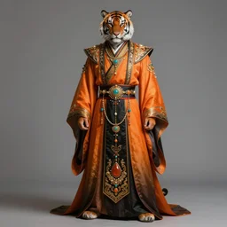 beautiful fantasy character portrait, male fighter, full figure, anthropomorphic tiger, dressed in fluent long jeweled oriental clothes, gradient orange to black, hyper realistic, highly detailed by peter mohrbacher, wayne barlowe, boris vallejo, paolo eleuteri serpieri