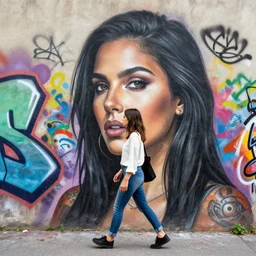 a woman walking out of a wall covered in hyperealistic graffiti